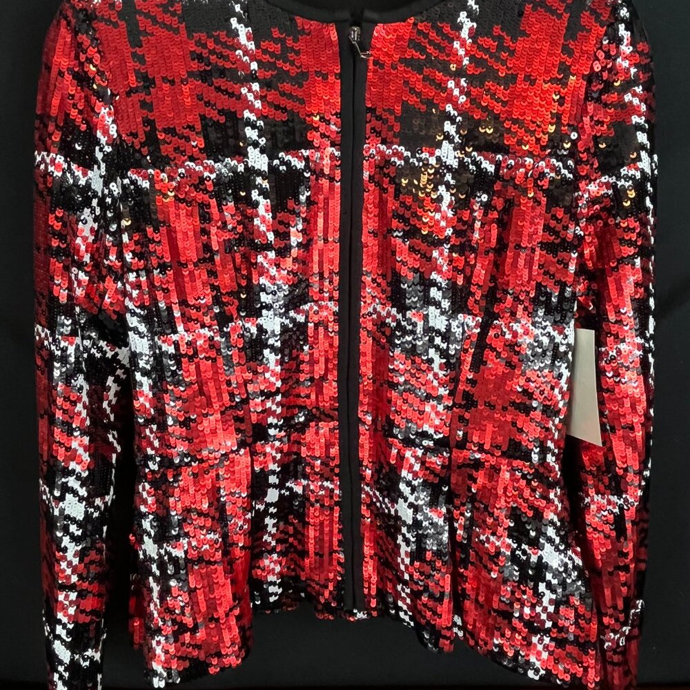 Holiday Ready Boston Proper Sequined Plaid Peplum Zip Blazer - Picture 2 of 16